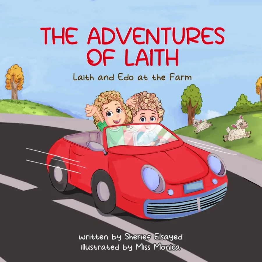 Cover of Laith and Edo at the Farm: Laith and Edo wave from a red convertible on a country road.