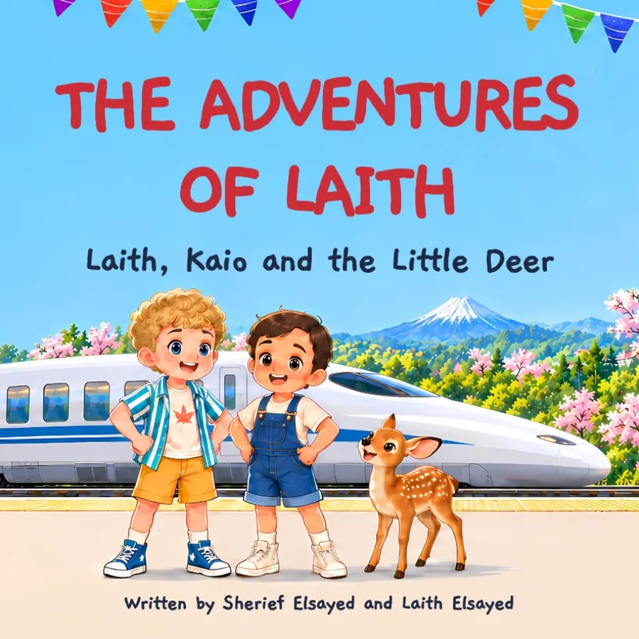 Cover of Laith, Kaio and the Little Deer: Laith, Kaio and a fawn stand beside a bullet train, with Mount Fuji behind them.