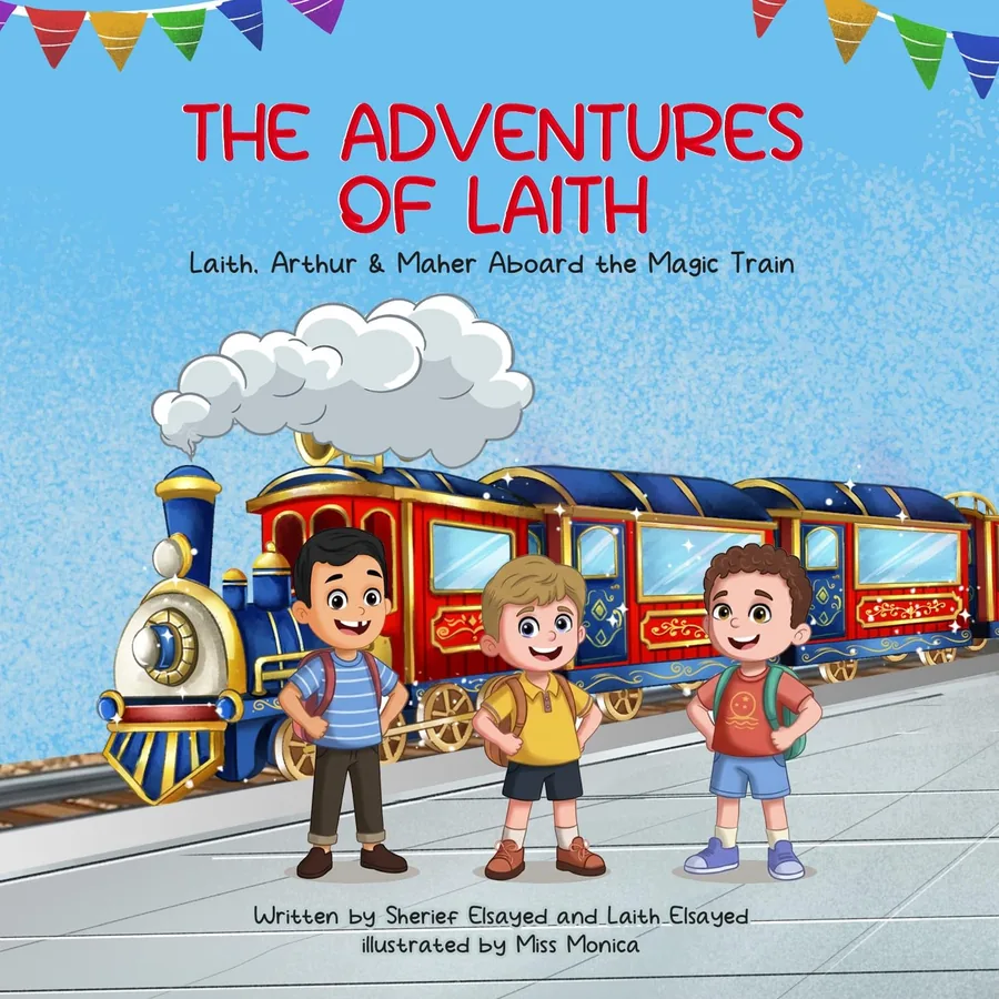 Cover of Laith, Arthur and Maher Aboard the Magic Train: three boys with backpacks stand in front of a red and blue steam train.