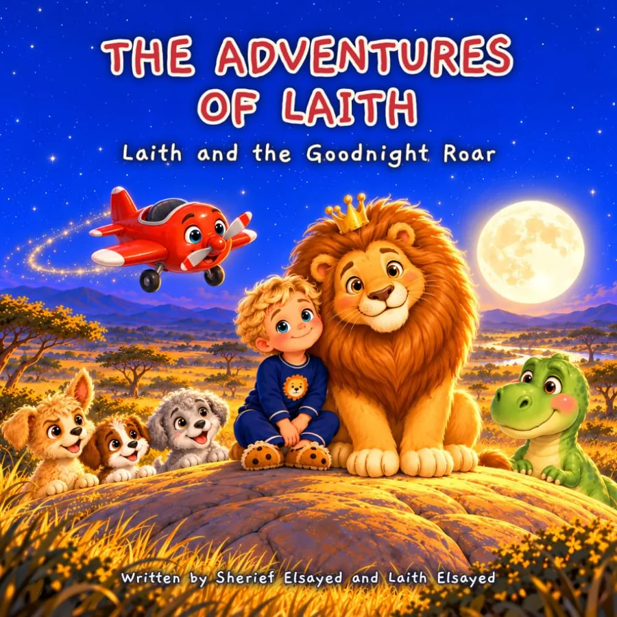 Cover of Laith and the Goodnight Roar: Laith sits with a lion, three puppies and a small green dinosaur under a full moon, while a red aeroplane flies past.