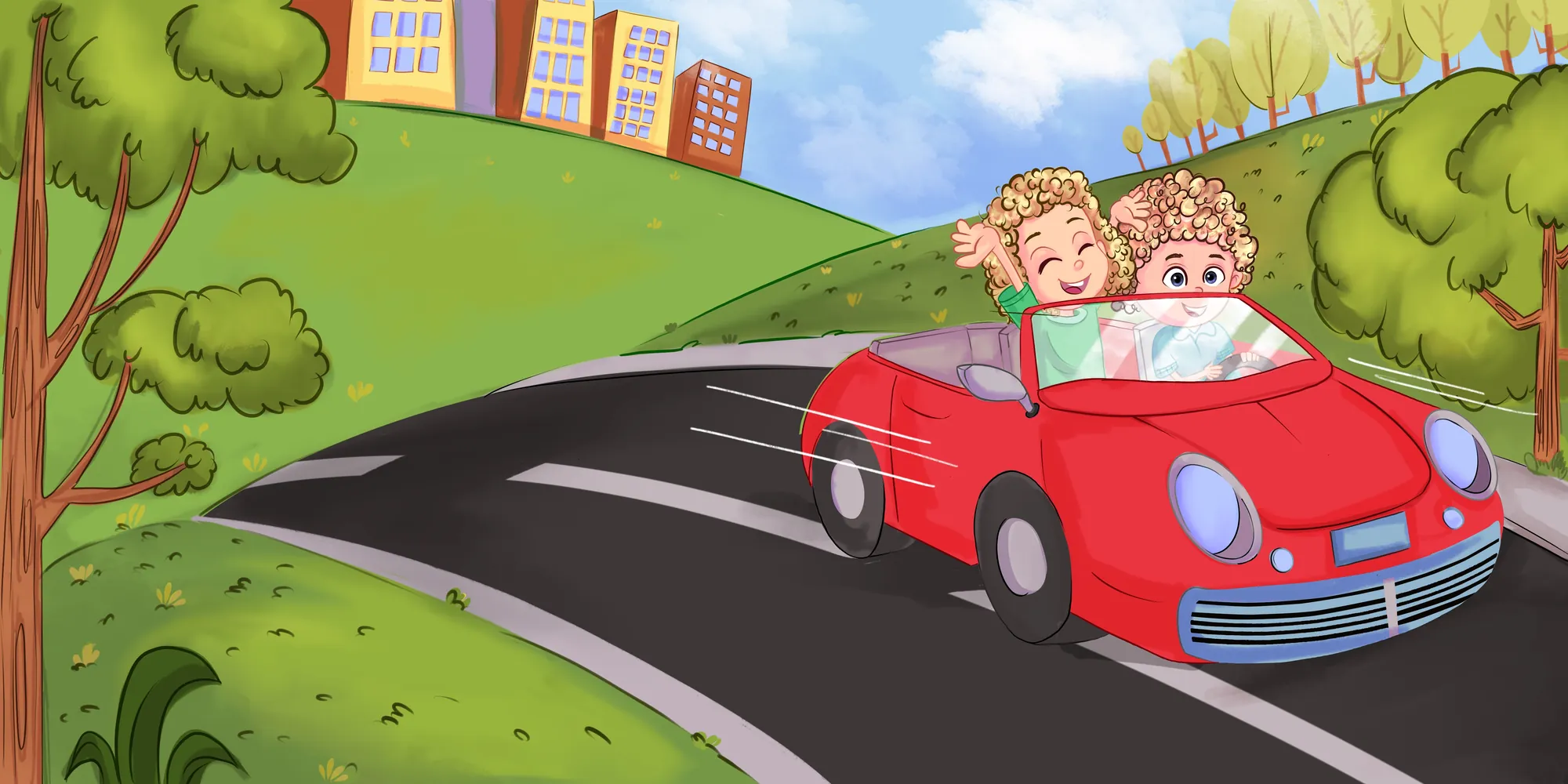 Laith and Edo wave from a red convertible as it speeds down a country road, with the city on the hill behind them.